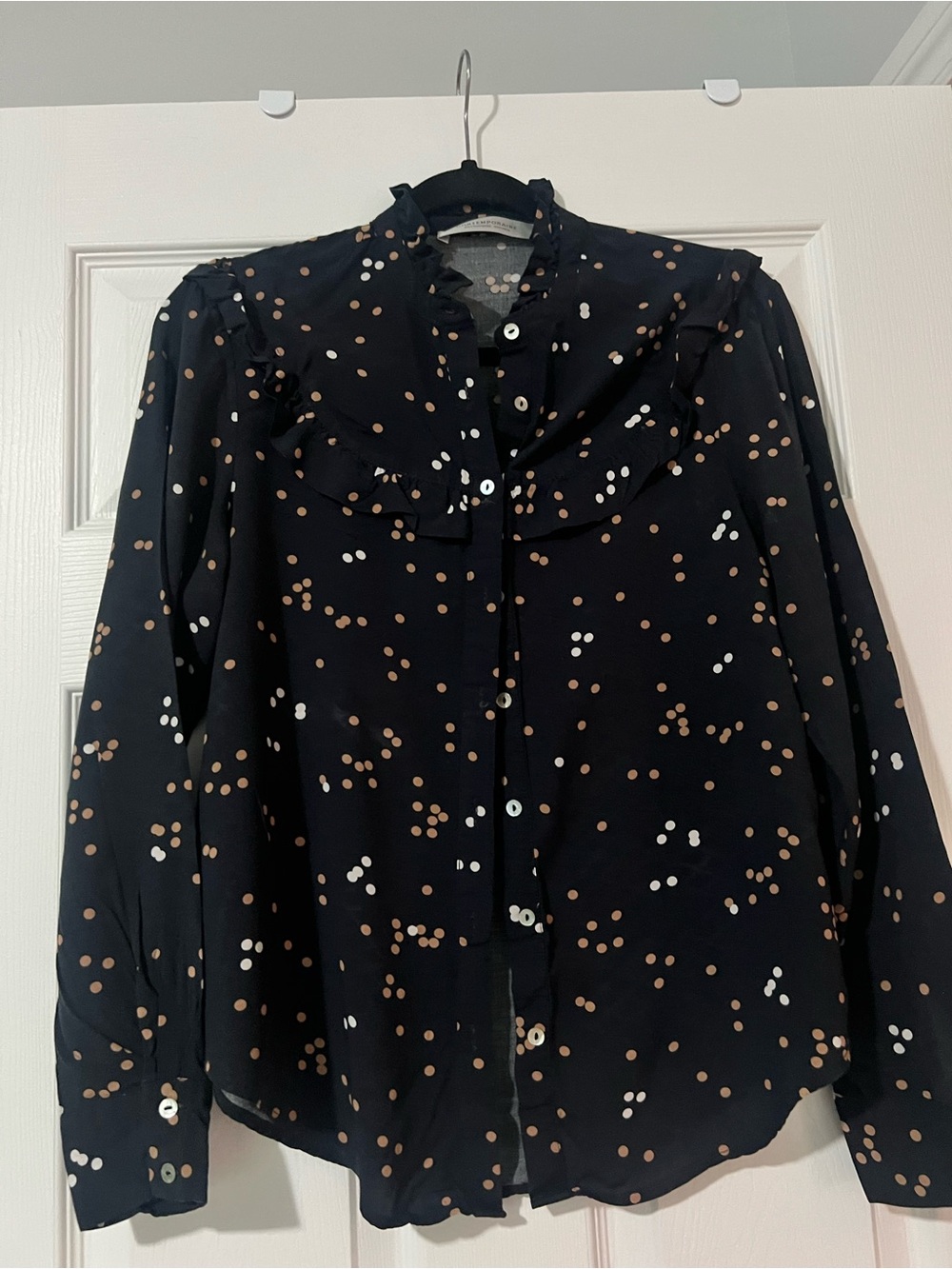 Simons Contemporaine Polka Dot Ruffle Collar Blouse size S
